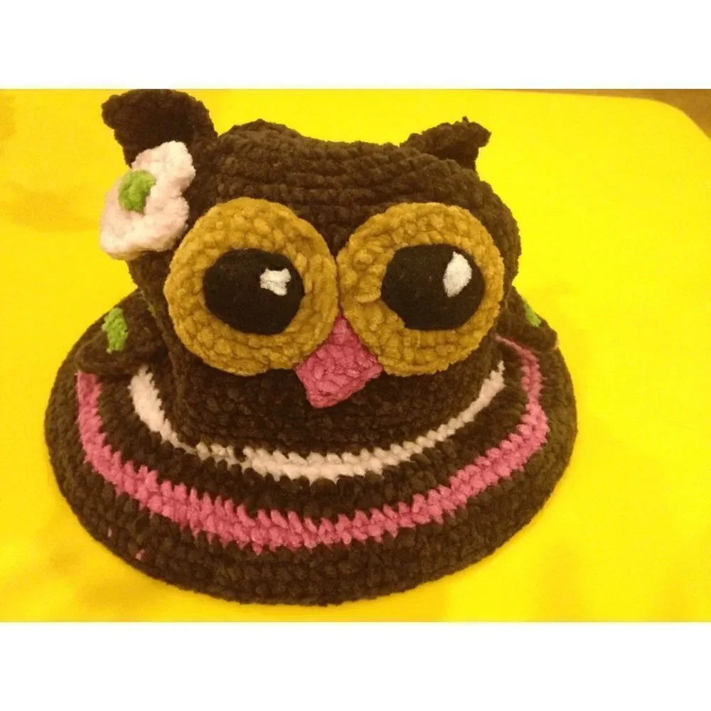 DayLee Design Owl Handmade Crocheted Hat Baby Girls 0-6 Months Brown Pink
